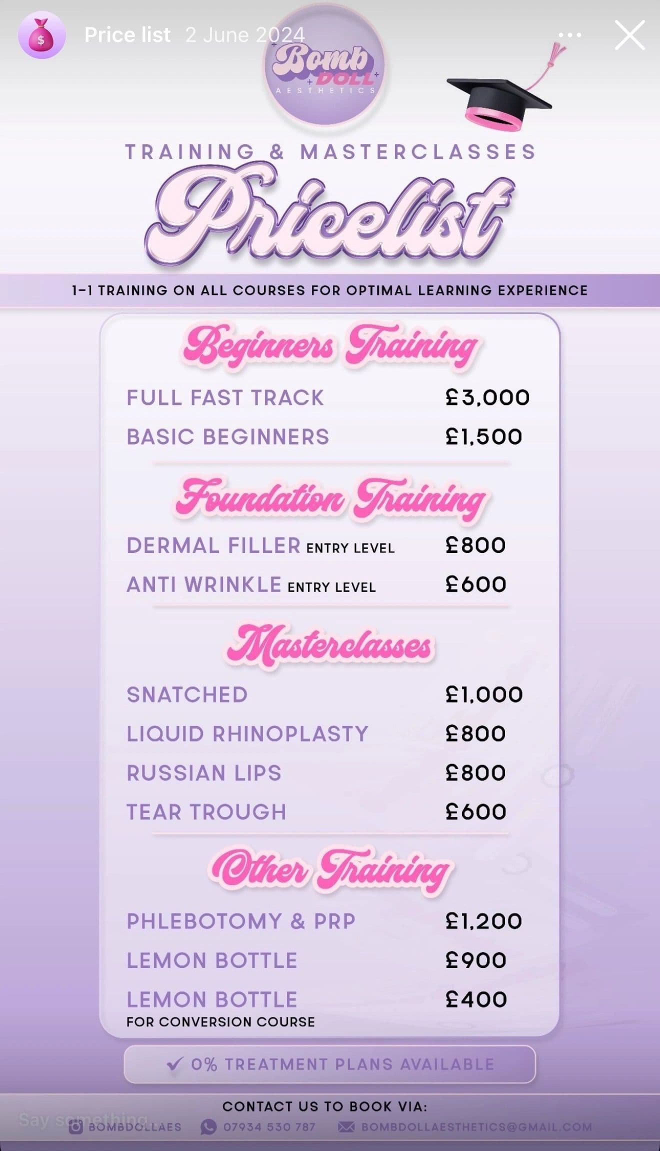 Bomb Doll Aesthetics training and masterclasses price list